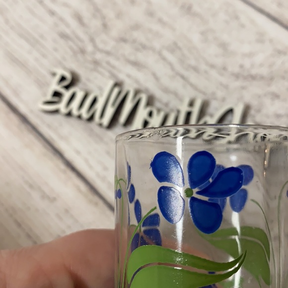 Vintage Retro Mid Century Blue Floral Flower Glass Mini Jelly Tumbler Cup - Picture 4 of 5